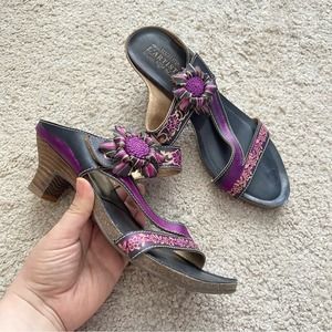 Spring Step L’artiste  Amethyst Tooled Leather Heeled Sandals Size 9.5/10